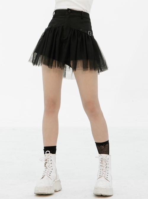 Punk Women Casual Black Mesh Hem Denim Shorts