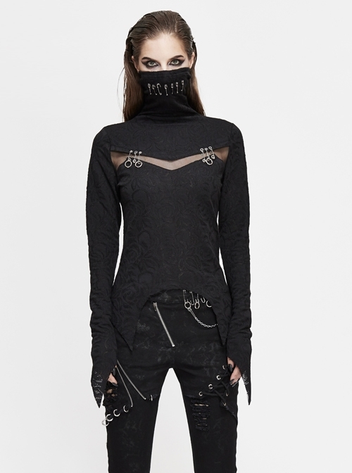 Black Turtleneck Chest Splice Fine Mesh Pin Decoration Sharp Angle Hem Black Punk T-Shirt
