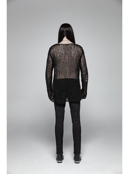 Steam Punk Male Casual Black Ripped Pullover Sweater