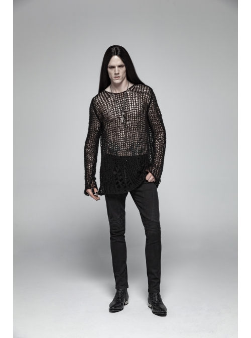 Steam Punk Male Casual Black Ripped Pullover Sweater