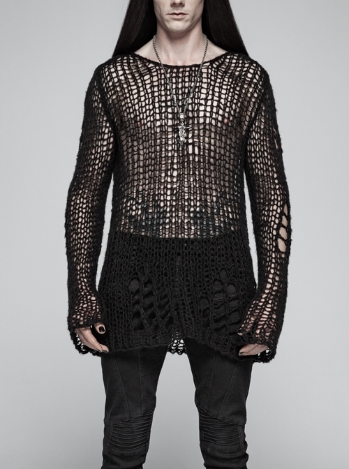 Steam Punk Male Casual Black Ripped Pullover Sweater
