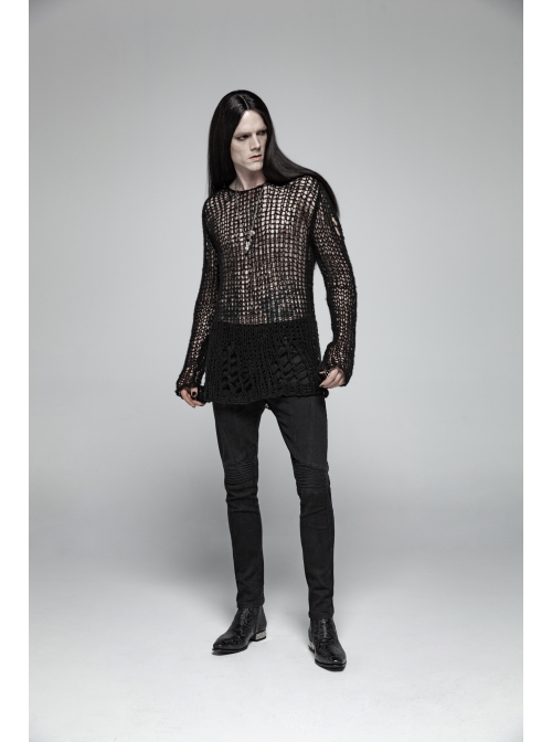 Steam Punk Male Casual Black Ripped Pullover Sweater