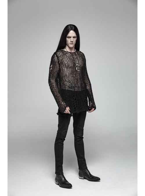 Steam Punk Male Casual Black Ripped Pullover Sweater