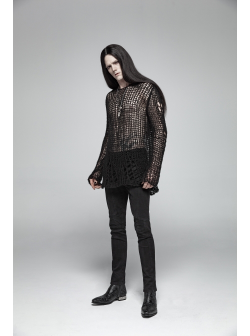Steam Punk Male Casual Black Ripped Pullover Sweater