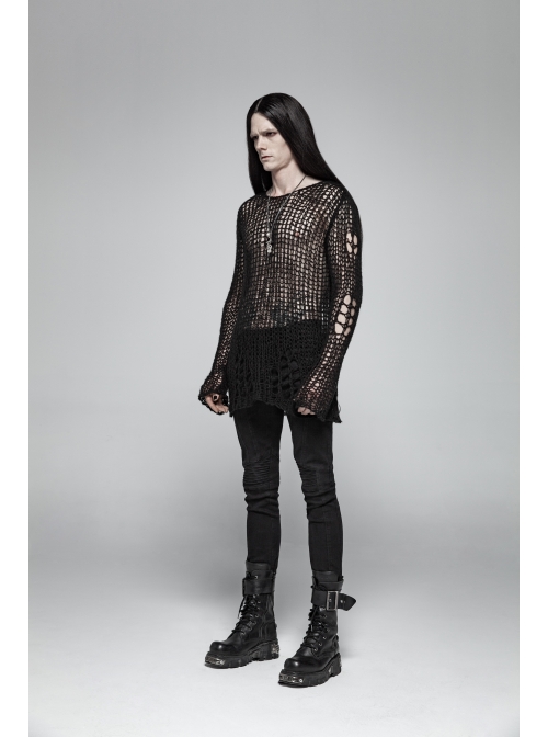 Steam Punk Male Casual Black Ripped Pullover Sweater