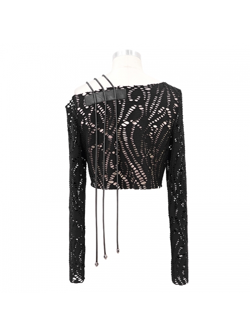Hollow Out Irregular Collar Coarse Wax Rope Straps Long Sleeve Balck Punk T-Shirt