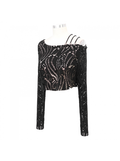 Hollow Out Irregular Collar Coarse Wax Rope Straps Long Sleeve Balck Punk T-Shirt