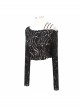 Hollow Out Irregular Collar Coarse Wax Rope Straps Long Sleeve Balck Punk T-Shirt