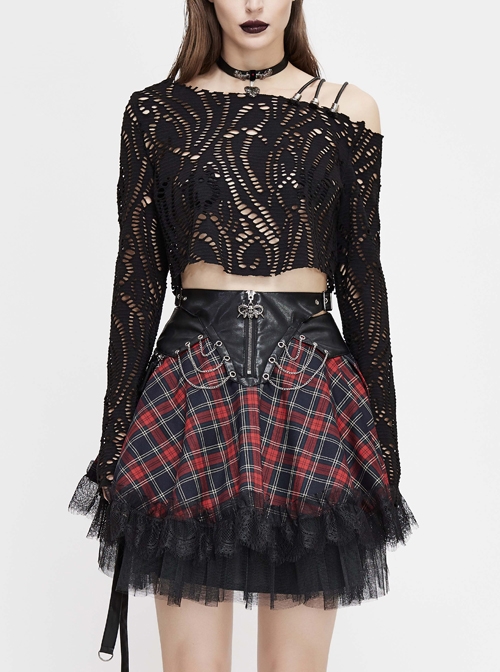Hollow Out Irregular Collar Coarse Wax Rope Straps Long Sleeve Balck Punk T-Shirt
