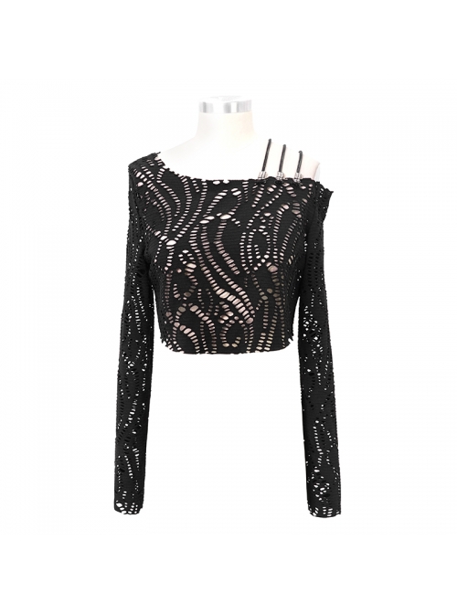 Hollow Out Irregular Collar Coarse Wax Rope Straps Long Sleeve Balck Punk T-Shirt