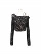 Hollow Out Irregular Collar Coarse Wax Rope Straps Long Sleeve Balck Punk T-Shirt