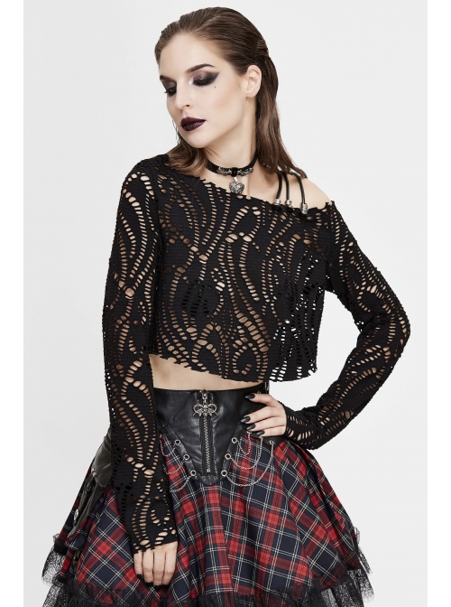 Hollow Out Irregular Collar Coarse Wax Rope Straps Long Sleeve Balck Punk T-Shirt
