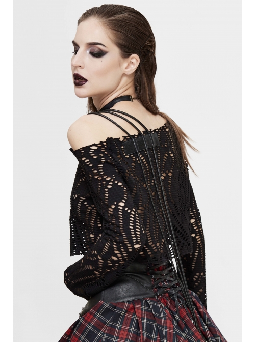 Hollow Out Irregular Collar Coarse Wax Rope Straps Long Sleeve Balck Punk T-Shirt