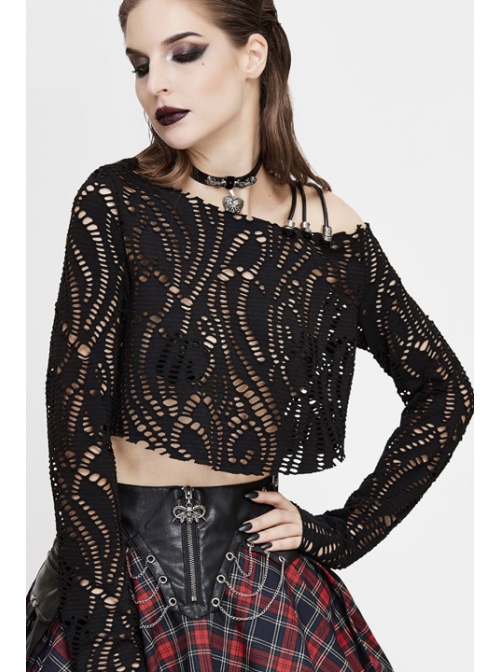 Hollow Out Irregular Collar Coarse Wax Rope Straps Long Sleeve Balck Punk T-Shirt