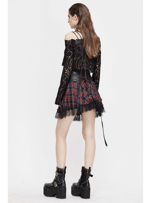 Hollow Out Irregular Collar Coarse Wax Rope Straps Long Sleeve Balck Punk T-Shirt
