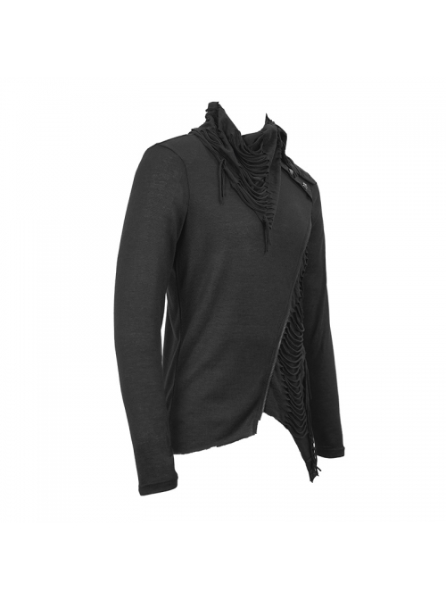 Ragged Turn-Down Collar Woolen Long Sleeve Irregular Hem Black Punk T-Shirt