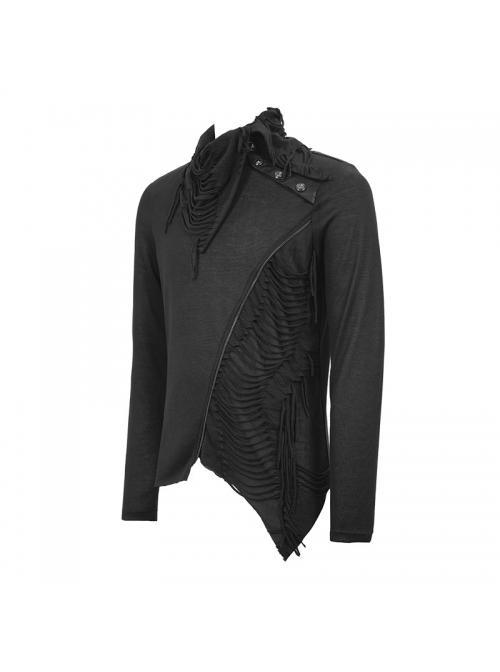 Ragged Turn-Down Collar Woolen Long Sleeve Irregular Hem Black Punk T-Shirt