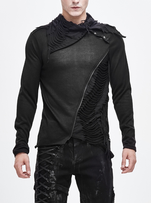 Ragged Turn-Down Collar Woolen Long Sleeve Irregular Hem Black Punk T-Shirt