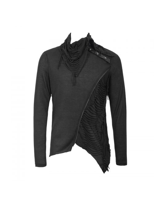 Ragged Turn-Down Collar Woolen Long Sleeve Irregular Hem Black Punk T-Shirt