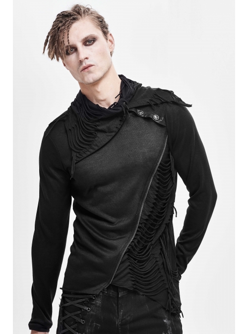 Ragged Turn-Down Collar Woolen Long Sleeve Irregular Hem Black Punk T-Shirt