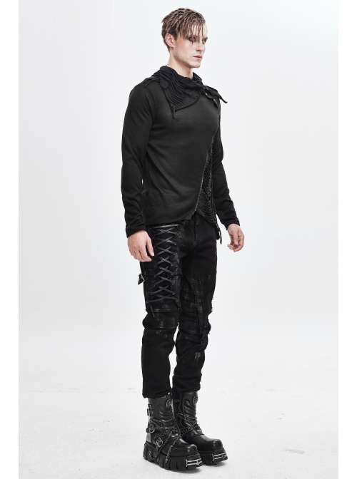 Ragged Turn-Down Collar Woolen Long Sleeve Irregular Hem Black Punk T-Shirt