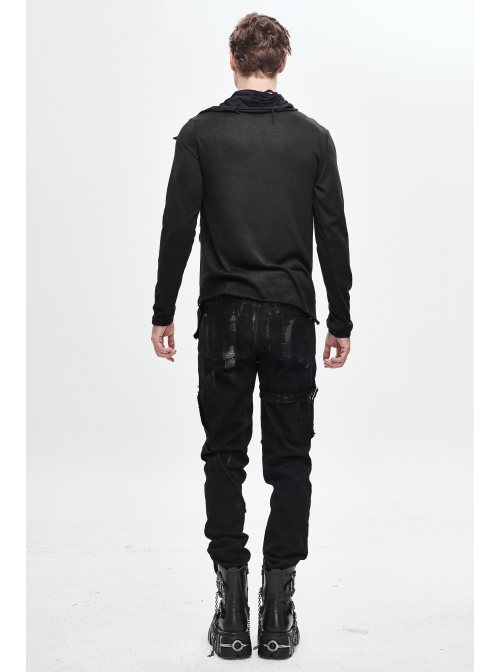 Ragged Turn-Down Collar Woolen Long Sleeve Irregular Hem Black Punk T-Shirt