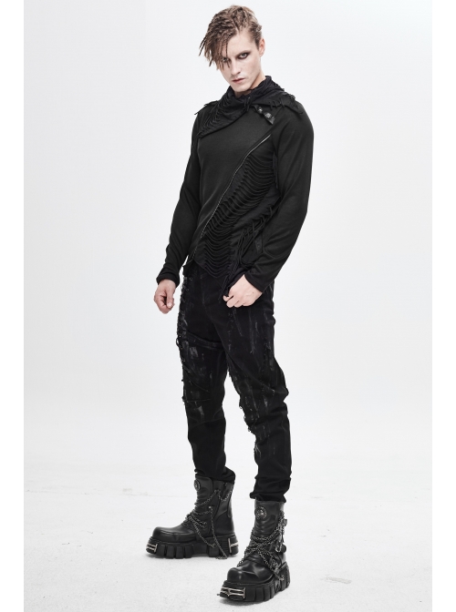 Ragged Turn-Down Collar Woolen Long Sleeve Irregular Hem Black Punk T-Shirt