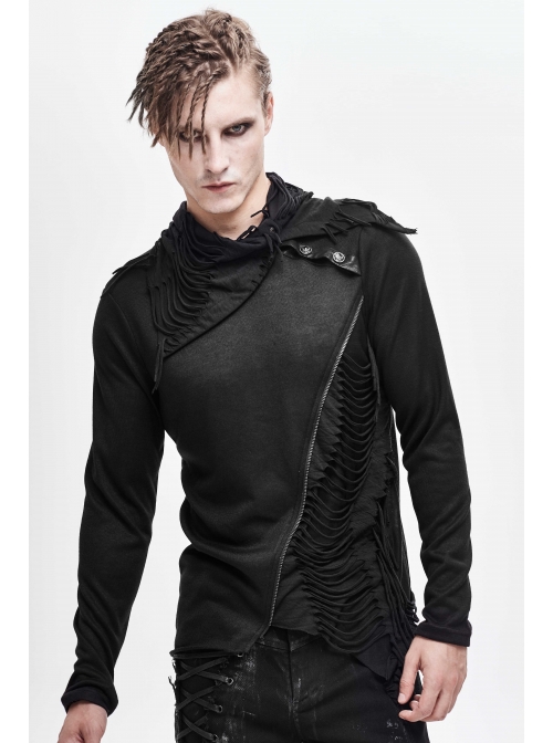 Ragged Turn-Down Collar Woolen Long Sleeve Irregular Hem Black Punk T-Shirt