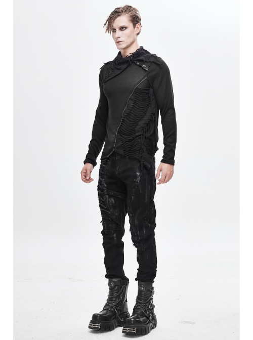Ragged Turn-Down Collar Woolen Long Sleeve Irregular Hem Black Punk T-Shirt