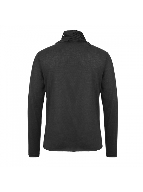 Ragged Turn-Down Collar Woolen Long Sleeve Irregular Hem Black Punk T-Shirt