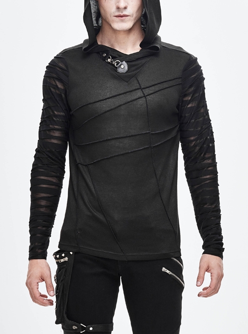 Collar Metal Button Irregular Striped Patchwork Bandage Hooded Black Punk T-Shirt