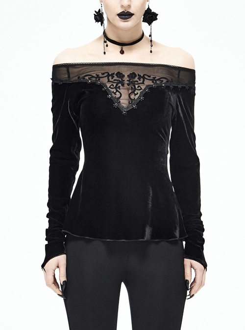 Black Off-Shoulder Mesh Collar Chest Flocking Pattern Long Sleeve Punk Velvet T-Shirt