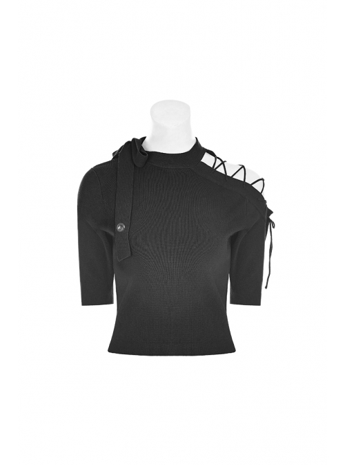 Steam Punk Female Black Bow Lace-Up Ice Silk T-shirt