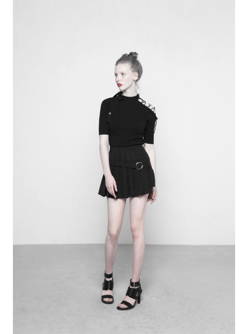 Steam Punk Female Black Bow Lace-Up Ice Silk T-shirt