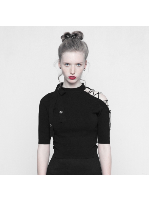 Steam Punk Female Black Bow Lace-Up Ice Silk T-shirt