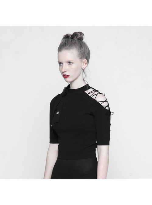 Steam Punk Female Black Bow Lace-Up Ice Silk T-shirt