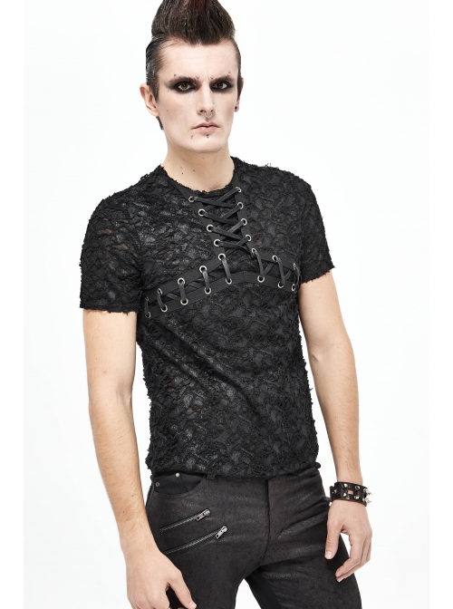 Broken Holes Thick Stripes Chest Lace-Up Black Punk Knit Short Sleeve T-Shirt