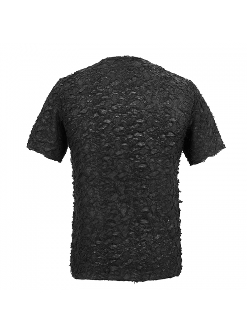 Broken Holes Thick Stripes Chest Lace-Up Black Punk Knit Short Sleeve T-Shirt