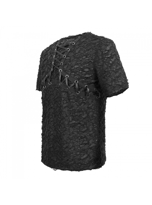 Broken Holes Thick Stripes Chest Lace-Up Black Punk Knit Short Sleeve T-Shirt
