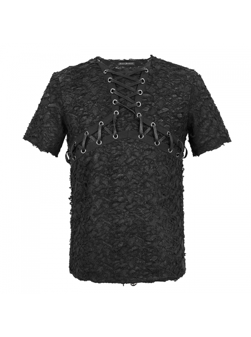 Broken Holes Thick Stripes Chest Lace-Up Black Punk Knit Short Sleeve T-Shirt