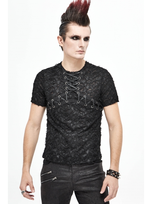 Broken Holes Thick Stripes Chest Lace-Up Black Punk Knit Short Sleeve T-Shirt