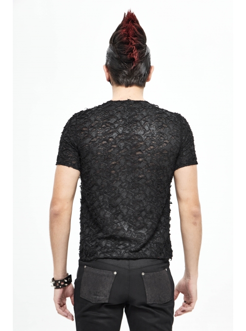 Broken Holes Thick Stripes Chest Lace-Up Black Punk Knit Short Sleeve T-Shirt