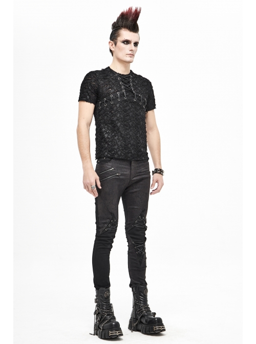Broken Holes Thick Stripes Chest Lace-Up Black Punk Knit Short Sleeve T-Shirt