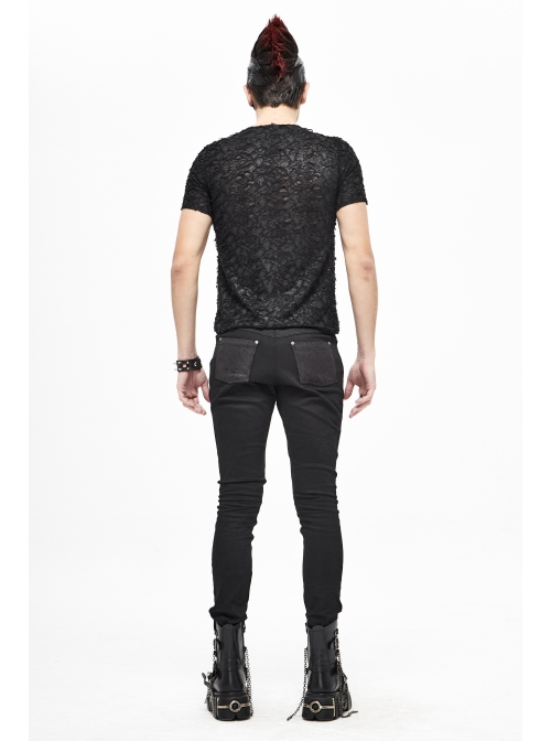 Broken Holes Thick Stripes Chest Lace-Up Black Punk Knit Short Sleeve T-Shirt