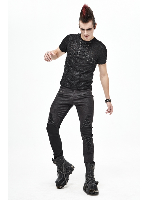 Broken Holes Thick Stripes Chest Lace-Up Black Punk Knit Short Sleeve T-Shirt