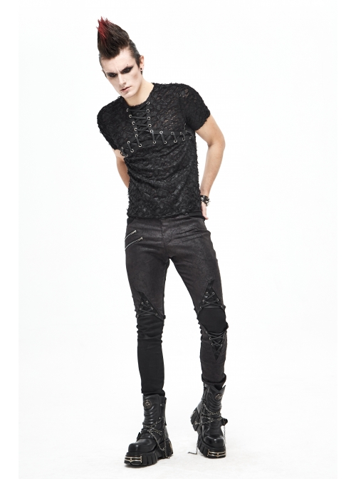 Broken Holes Thick Stripes Chest Lace-Up Black Punk Knit Short Sleeve T-Shirt