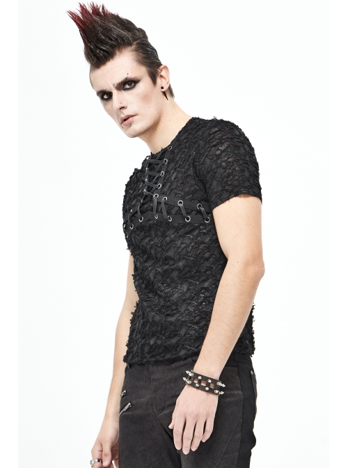 Broken Holes Thick Stripes Chest Lace-Up Black Punk Knit Short Sleeve T-Shirt