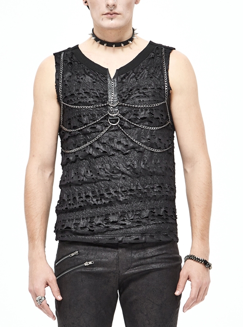Broken Holes Thick Stripes Chest Chain Black Punk Knit Vest
