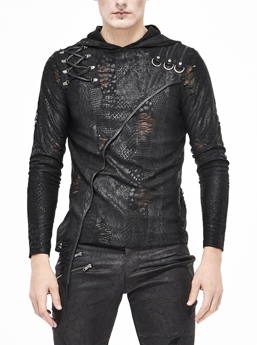 Black Broken Holes Knit Shoulder Lace-Up Irregular Hem Hooded Punk T-Shirt