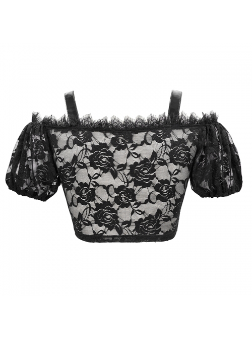 The Red Scottish Plaid Off-Shoulder Bright Leather Straps Lace-Up Black Lace Punk T-Shirt